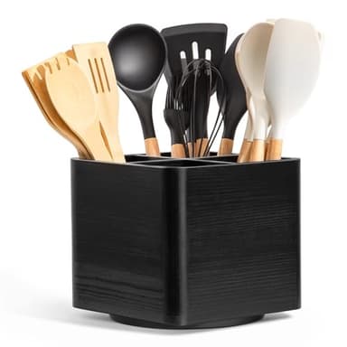 Extra Large Rotating Utensil Holder for Kitchen Counter, Large Wooden Utensil Holder with 4 Compartments, Black