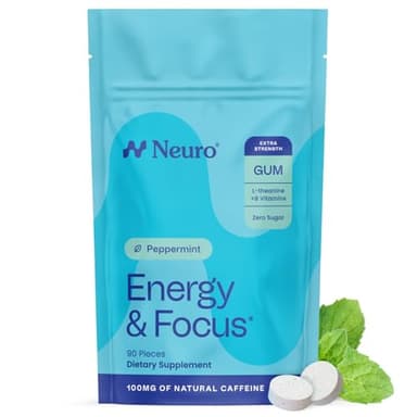 Neuro Energy & Focus Gum, Extra Strength - 100mg Natural Caffeine Gum & Nootropic Energy Supplement with L-Theanine & B Vitamins - Sugar Free, Vegan - Peppermint, 90ct