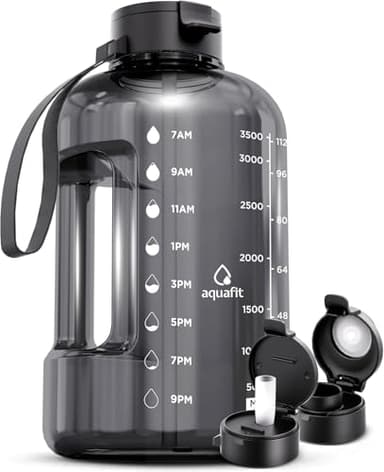 AQUAFIT 1 Gallon Water Bottle with Time Marker - Straw & Chug Lid - BPA Free Gym Water Bottle with Straw - Big Gallon Jug (Gray, 128 oz - 2 Lids)