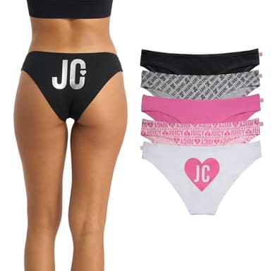 Juicy Couture Women's 5 Pack Cotton Underwear Set (US, Alpha, Large, Regular, Regular, White/JC Heart Block/Strawberry Sorbet/JC Block Logo/Black)