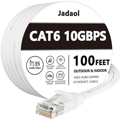 Jadaol Cat 6 Ethernet Cable 100ft, 10Gbps Support Cat8 Cat7 Network, Flat RJ45 LAN Patch Cable, High-Speed Wired Internet Cable for Router, Modem, Switch, Gaming Consoles, PC, Streaming Devices, White