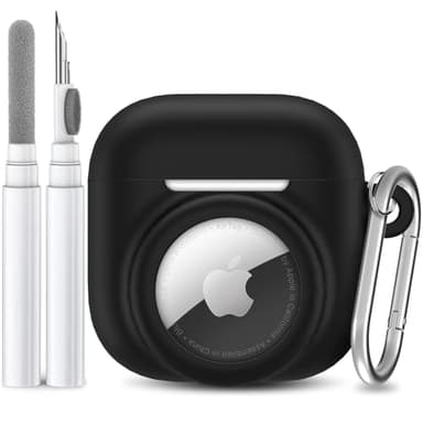 LDSXAY 2 in 1 Silicone Case Compatible with AirPod 4 and AirTag 2/1, Shockproof Protective Skin Cover for AirPods 4th Generation with Cleaner Kit & Carabiner (Black)