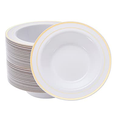 N9R 30PCS Disposable Plastic Bowls with Gold Rim, 12 oz Fancy White Plastic Bowls, Premium Dessert Salad Bowls Perfect for Party, Wedding and Everyday Use