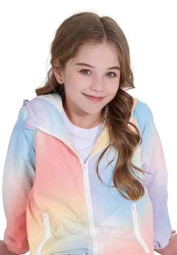 Zando Girls Rain Jacket Size 7-8 - Lightweight Jacket Waterproof Girl Rain Coat Girls' Outerwear Jackets & Coats Hooded Kids Windbreaker Coats Gradual Jackets for Girl Outdoor School Smudge 6-7Y