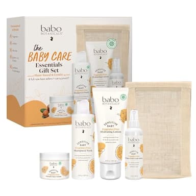 Babo Botanicals Baby Care Essentials Gift Set - Skincare, Bath & Diaper - For Delicate Skin, Fragrance-Free with Shea Butter, Includes Reusable Carry Pouch - Natural & Plant Based - 5 Items Set