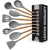 Zulay Kitchen Utensils Set Non-Stick Silicone Cooking Utensils Set with Authentic Acacia Wood Handles - 8 Piece Silicone Utensil Set - Silicone Kitchen Utensils Set with 464°F Heat Resistance - Gray