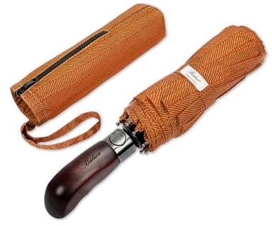 Balios Travel Folding Umbrella with Real Wood Handle Auto Open Close Vented Windproof Canopy - Designed in UK (Herringbone Gold Flame)