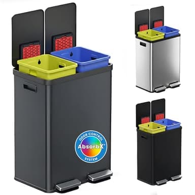 iTouchless 16 Gallon / 60L Dual Kitchen Trash Can & Recycle Bin, 2x8 Gal Removable Buckets, Soft-Close Stainless Steel Step Pedal, Fingerprint-Resistant, AbsorbX Odor Filter – Gunmetal Gray