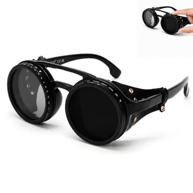 Minedmh Adjustable Tint Steampunk Sunglasses – ND Filter, UV400 Polarized – Retro Round Shades, Leather Side Shields (Classic Black)