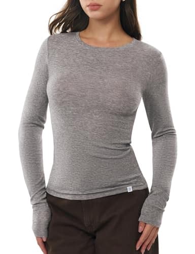 C202 Long Sleeve Shirts for Women Crew Neck Going Out Tops Fall Basic Tee Trendy, Heather Charcoal Medium