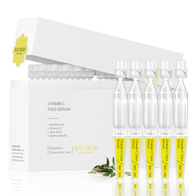 BACHERI Vitamin C Face Serum with Glutathione, 4D Hyaluronic Acid & Aloe Vera – Lightweight Brightening & Hydrating Ampoule for Daily Skincare, Dark Spots, Sensitive Skin Friendly - (1.0 ml)*30 Vials