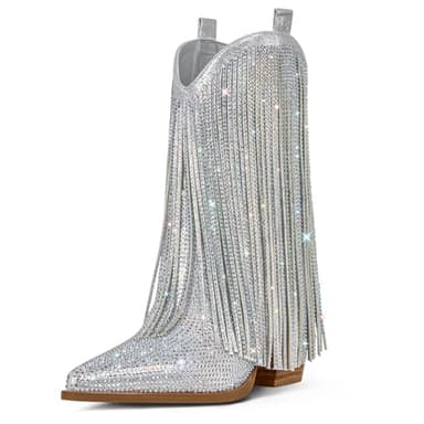 Ouepiano Cowboy Boots for Women - Cowgirl Rhinestone Boots with Sparkly Fringe Pointed Toe Western Boot Chunky Heel Pull-On Wide Calf Silver Botas Vaqueras Size 8
