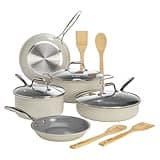 Goodful Ceramic Nonstick Pots and Pans Set, Titanium-Reinforced Premium Nonstick Coating, Dishwasher Safe Pots and Pans, Tempered Glass Steam Vented Lids, Stainless Steel Handles, 12-Piece, Cream