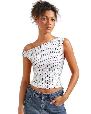 SUUKSESS Women Off Shoulder Tops Sleeveless Shirts Y2K Trendy Going Out Crop Tank Top (White Polka Dots,S)