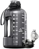 AQUAFIT 1 Gallon Water Bottle with Time Marker - 2in1 Straw & Chug Lid - BPA Free Big Water Bottle with Straw - Gym Water Bottle with Handle - Gallon Water Jug (128 oz - 2in1 Lid, Gray)
