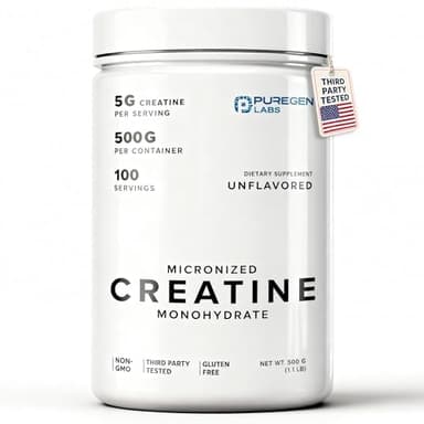 Puregen Labs Micronized Creatine Monohydrate Powder 500g – Pure, Unflavored, No Additives | 5000mg Per Serv (5g) - 100 Servings | Third Party Tested for Quality