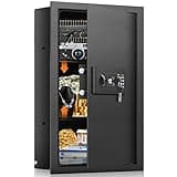 Nebakne 25.6" Tall Fireproof Wall Safes Between The Studs 16" Centers, Hidden Wall Safe with 2 Removable Shelf & Hidden Tray, Heavy Duty Wall Mount Safe for Firearms, Money, Jewelry, Passport Black