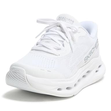 Skechers Women's Max Cushioning Glide Step Caledonia Hands Free Slip-ins Sneaker, White/Silver, 7.5 Wide