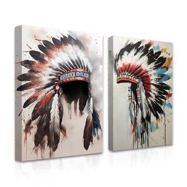 CXHOSTENT Native American Wall Art 2 Pieces Indian Chief Feather Headdress Canvas Prints Tribal Theme Poster Vintage Artwork for Home Decor Framed (C, 11.00"x14.00"x2P)