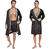 N&D Eyong Men's Luxurious Silk Bathrobes Long Sleeve Satin Kimono Robe with Shorts Sleepwear Set Printed Bathrobes (3X-Large)