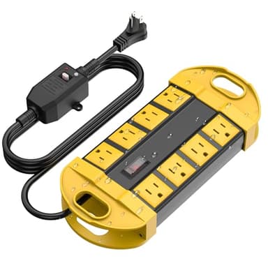 CCCEI GFCI Outdoor Power Strip Weatherproof with 8 AC, Waterproof Extension Cord with Multiple Outlets, Wall Mount Surge Protector Flat Plug, Christmas Exterior Garden, Yard, 15FT, Yellow.