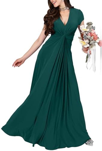 KOH KOH Plus Size Womens Long Flowy Casual Semi Formal Empire Waist Bridesmaid V-Neck Short Cap Sleeve Cocktail Work Summer Sundress Gown Gowns Maxi Dress Dresses, Emerald Green XL 14-16