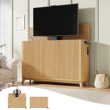 Itaar Motorized TV Lift Cabinet for 32-60 Inch TVs, Modern Fluted Electric TV Lift Stand with 2 Memory Heights, Built-in Outlets & USB Ports, Ultra-Quiet Lift System, Indoor & Outdoor Use, Oak