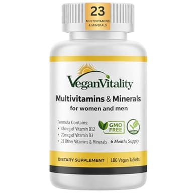 Vegan Vitality Multivitamins & Minerals for Women and Men with High Strength Vitamin B12, D3 & K2. 180 Vegan Multivitamin Tablets - 6 Months Supply. Vitamins for Vegans. Women Multivitamin