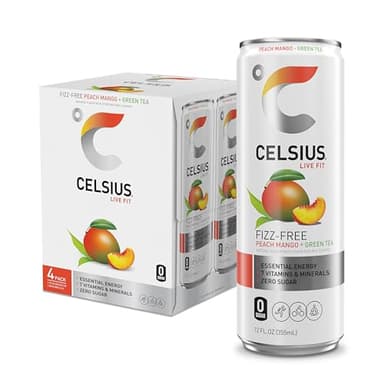 CELSIUS® Fizz Free Peach Mango Green Tea, Sugar Free Energy Drink, 12 Fl Oz (Pack of 4)