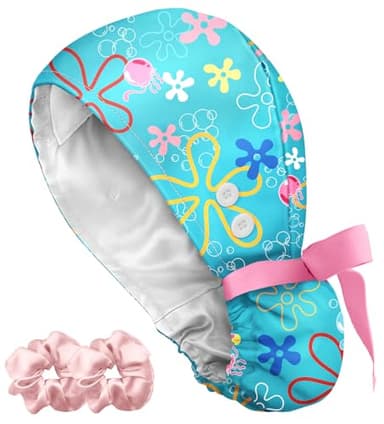 Plifal Adjustable Satin Lined Scrub Cap with Buttons-100% Cotton Jellyfish Surgical Cap with Sweatband for Women Nurse, Working Hat and 2 Scrunchies for Long Hair