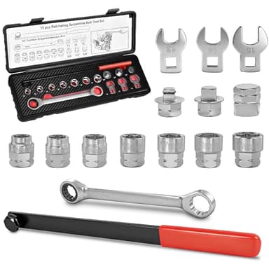 BQEC Universal Ratcheting Serpentine Belt Tool Set, 15-Piece Professional Belt Tensioner Tool Kit with Ratcheting Wrench, Crowfoot Wrenches and Sockets