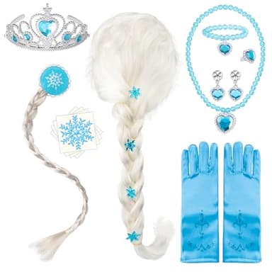 Aoocoeo Princess Dress Up Accessories Set Ice Queen Jewelry Hair Kit Wig Braid Crown Gloves Necklace Bracelet Earrings Ring Snowflake Stickers