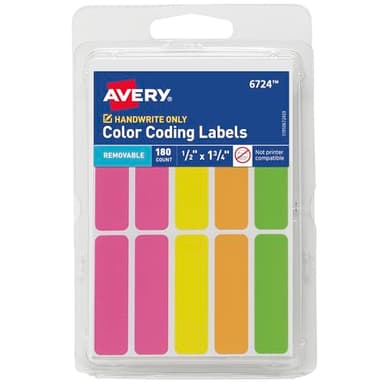 Avery Color-Coding Removable Labels, 1/2" x 1-3/4", Assorted Neon Colors, Non-Printable, 180 Blank Labels Total (6724)