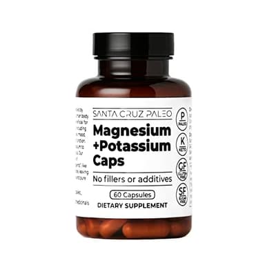 Santa Cruz Paleo Magnesium + Potassium Caps, Supplement for Men and Women, Paleo, Keto, Sugar & Gluten Free, Magnesium Glycinate 166mg and Potassium Citrate 38mg per Serving, American Made, 60 Caps
