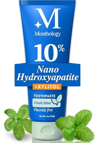 Mouthology 10% Nano Hydroxyapatite Toothpaste Fluoride Free, Whitening*, Rod Shaped nHa, Xylitol Toothpaste for Adults, Enamel Care*, Sensitive Teeth*, SLS Free, Mint 4oz (USA Made) Package May Vary