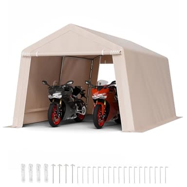 VEVOR 10 �15 ft Outdoor Storage Shed Tent with Heavy-Duty Steel Frame, 2 Roll-Up Doors & Air Vents, Waterproof Portable Garage Carport Shelter for Motorcycle, Lawn Mower, Garden Tools �Beige