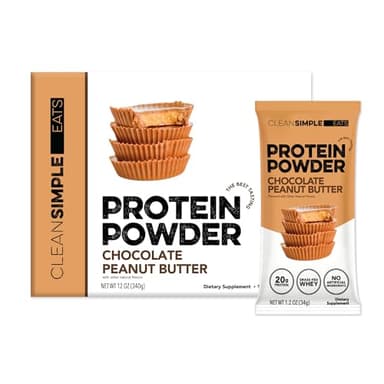 Clean Simple Eats Whey Protein Powder, Chocolate Peanut Butter Flavor Naturally Sweetened, 100% Grass Fed Protein Powder with Digestive Enzymes & No Artificial Ingredients, Gluten Free, 10 Stick Packs