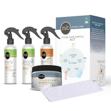 MB Stone Care Sample Kit - MB-11 Marble Etch Remover for Light to Neutral Colored Calcite Based Stone, GT-1 Green Thing, MB-24 Barrier Sealer, Finito Finishing Spray, Microfiber Towels