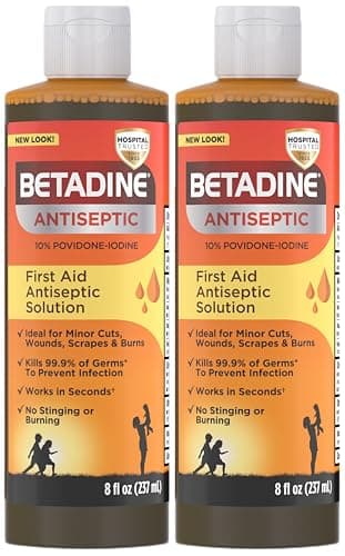 Betadine Antiseptic Povidone Iodine Solution 8 Fl Oz, Pack of 2, Kills Germs in Minor Cuts/Scrapes/Burns, Povidone Iodine Liquid, No Sting, No Alcohol or Hydrogen Peroxide