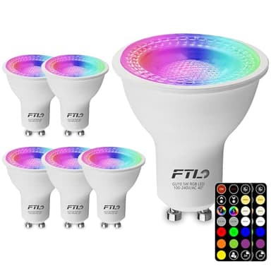 FTL GU10 LED Bulbs Color Changing Light Bulbs with Remote Control, Dimmable 2700K-6000K RGB Colored Light Bulbs 5W 40W Equivalent, 30 Colors, Timer, Spotlight for Track Lighting, 6-Pack