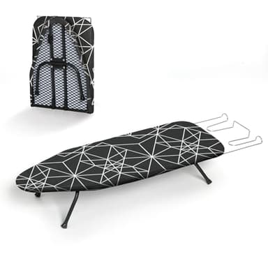 Mini Ironing Board Tabletop Foldable, RAINHOL Space-Saving Iron Board, Compact and Portable for Travel and College, with Hook and Iron Holder, Steel Mesh, 31" x 12", Black and White Stripes