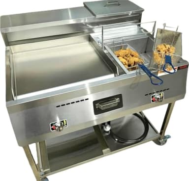 Propane 2 Basket Deep Fryer and Flat Top Griddle Cart | 20" Stainless Steel Griddle | 3 Gallon Single Tank Deep Fryer | Portable 4 Wheels | Thermometer + Cover Included | Commercial & Home