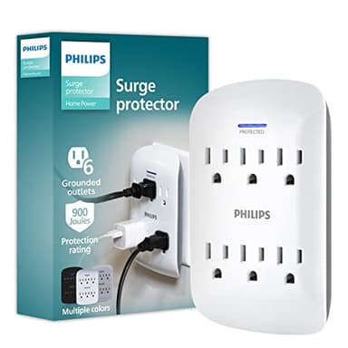 Philips 6-Outlet Extender Surge Protector, Wall Tap, 900 Joules, 3-Prong, Space Saving Design, Protection Indicator LED Light, ETL Listed, White, SPP3461WA/37