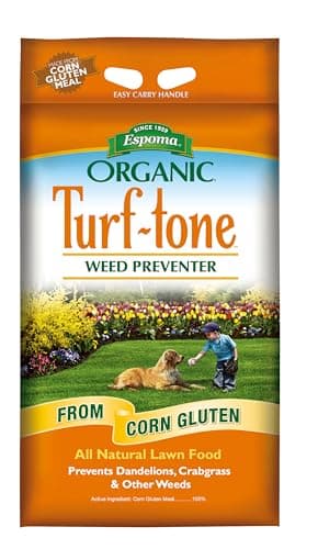 Espoma Organic Turf-Tone Weed Preventer Plus Lawn Food from 100% Corn Gluten Meal. Helps Prevent Weed Seed Establishment and Provides Organic nitrogen That Keeps lawns a deep Green Color. 25 lb. Bag
