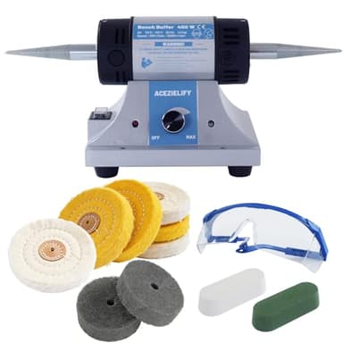 ACEZIELIFY 450W Jewelry Polisher, Variable Speed Bench Polishing Machine, Profesional Desktop Buffer Motor with 4'' Cotton, 3'' Fiber Buffing Wheels, Safe Glasses, Polish Compound for Jewelry Metal