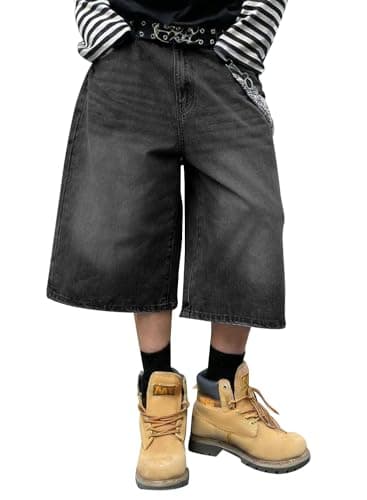 HUNGSON Mens Baggy Jean Shorts for Men Women Loose Fit Long Y2k Skater Vintage Plain Jorts Casual Wide Leg 16.5 Inch Inseam Black Grey