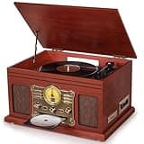 10 in 1 Bluetooth Record Player, 3-Speed Turntable for Vinyl with Speakers, LP to MP3 Converter, CD, Cassette Player, FM Radio, Wireless Streaming | Mahogany