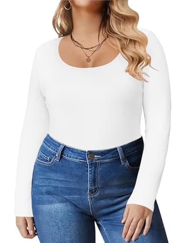 IN'VOLAND Women's Plus Size Long Sleeve Shirts Fitted Tight Going Out Scoop Neck Tops Slim Fit Basic Tee White