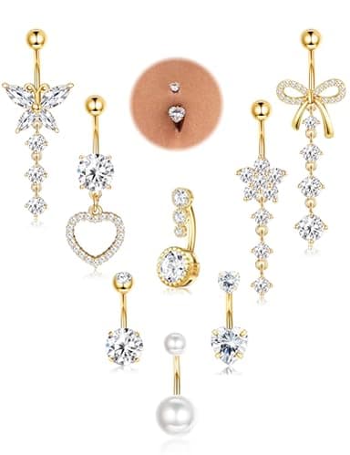 FIASASO 8 Pcs Belly Button Ring Dangle Hypoallergenic Surgical Stainless Steel Belly Rings for Women CZ Heart Butterfly Bow Flower Navel Piercing Jewelry Dangly Curved Navel Ring 14G 10mm 14k gold plated