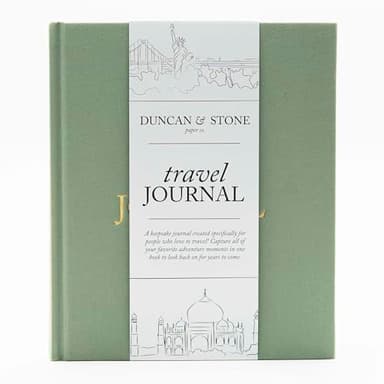 DUNCAN & STONE PAPER CO. Travel Journals - Elegant Journaling Notebook To Record All Your Travel Fun, & More - 110 Page Linen Hardcover Journal For Up To 15 Trips (Sage Green)